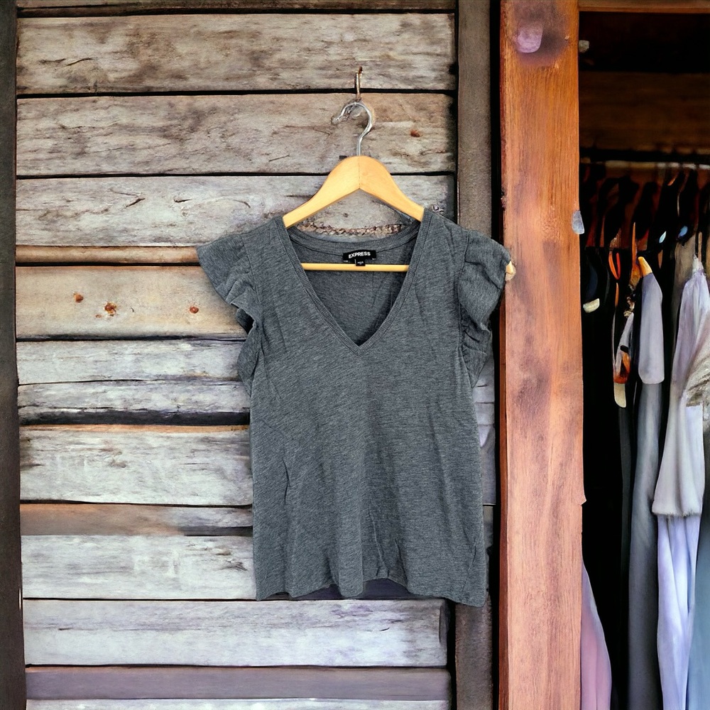 Women’s Express Grey Ruffle Sleeve Short Sleeve T-Shirt Top Size Medium